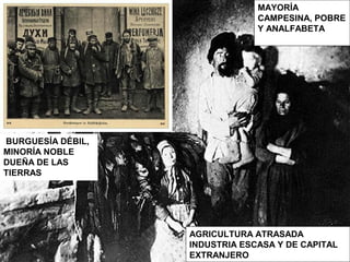 MAYORÍA
CAMPESINA, POBRE
Y ANALFABETA
BURGUESÍA DÉBIL,
MINORÍA NOBLE
DUEÑA DE LAS
TIERRAS
AGRICULTURA ATRASADA
INDUSTRIA ESCASA Y DE CAPITAL
EXTRANJERO
 