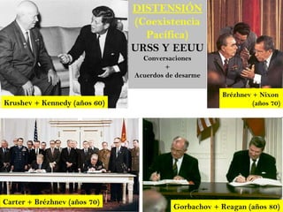 DISTENSIÓN
(Coexistencia
Pacífica)
URSS Y EEUU
Conversaciones
+
Acuerdos de desarme
Krushev + Kennedy (años 60)
Brézhnev + Nixon
(años 70)
Carter + Brézhnev (años 70)
Gorbachov + Reagan (años 80)
 