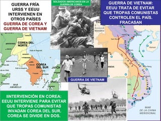 GUERRA DE VIETNAM:
EEUU TRATA DE EVITAR
QUE TROPAS COMUNISTAS
CONTROLEN EL PAÍS.
FRACASAN
IINTERVENCIÓN EN COREA:
EEUU INTERVIENE PARA EVITAR
QUE TROPAS COMUNISTAS
INVADAN COREA DEL SUR.
COREA SE DIVIDE EN DOS.
GUERRA FRÍA
URSS Y EEUU
INTERVIENEN EN
OTROS PAÍSES
GUERRA DE COREA Y
GUERRA DE VIETNAM
GUERRA DE VIETNAM
SOLDADOS AMERICANOS EN LA
GUERRA DE COREA
 