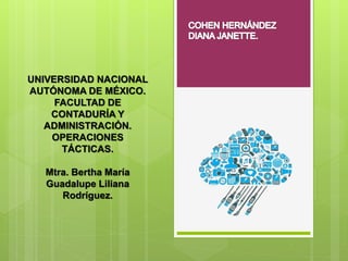 UNIVERSIDAD NACIONAL
AUTÓNOMA DE MÉXICO.
FACULTAD DE
CONTADURÍA Y
ADMINISTRACIÓN.
OPERACIONES
TÁCTICAS.
Mtra. Bertha María
Guadalupe Liliana
Rodríguez.
 