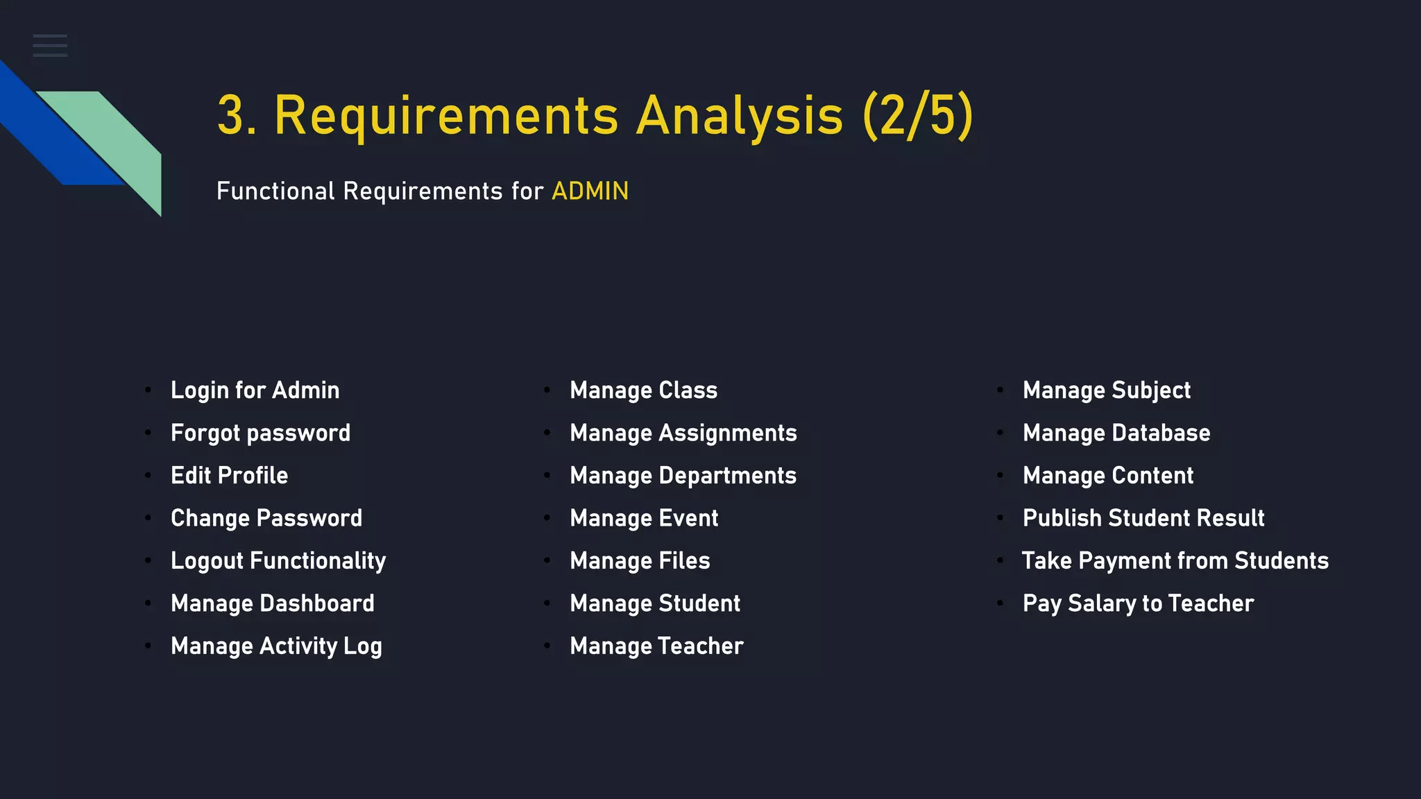 3. Requirements Analysis (2/5)
Functional Requirements for ADMIN
• Login for Admin
• Forgot password
• Edit Profile
• Change Password
• Logout Functionality
• Manage Dashboard
• Manage Activity Log
• Manage Class
• Manage Assignments
• Manage Departments
• Manage Event
• Manage Files
• Manage Student
• Manage Teacher
• Manage Subject
• Manage Database
• Manage Content
• Publish Student Result
• Take Payment from Students
• Pay Salary to Teacher
 