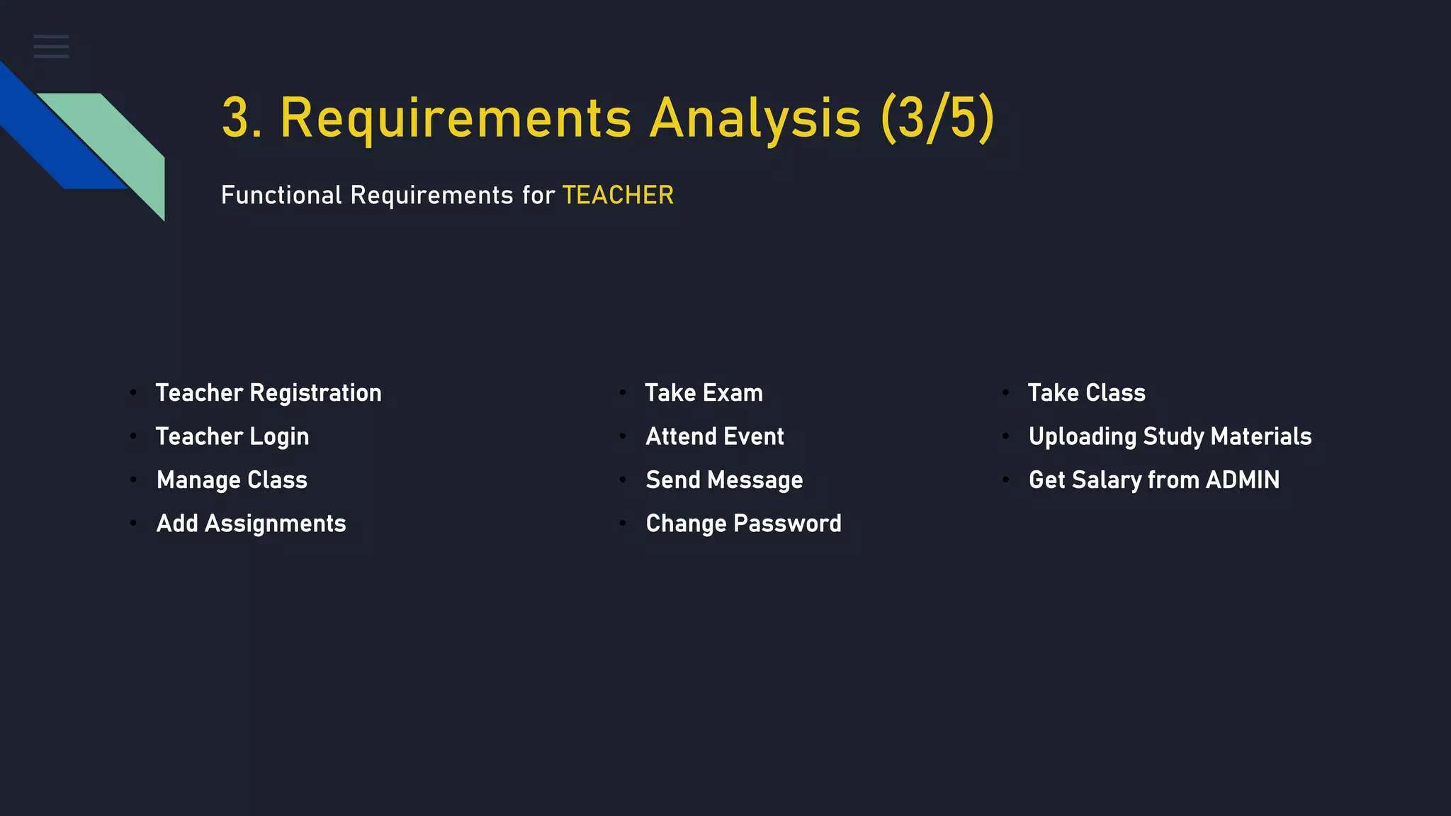 3. Requirements Analysis (3/5)
Functional Requirements for TEACHER
• Teacher Registration
• Teacher Login
• Manage Class
• Add Assignments
• Take Exam
• Attend Event
• Send Message
• Change Password
• Take Class
• Uploading Study Materials
• Get Salary from ADMIN
 