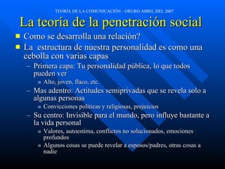 La teoría de la penetración social   Como se desarrolla una relación? La  estructura de nuestra personalidad es como una cebolla con varias capas Primera capa: Tu personalidad pública, lo que todos pueden ver Alto, joven, flaco, etc. Mas adentro: Actitudes semiprivadas que se revela solo a algunas personas Convicciones políticas y religiosas, prejuicios Su centro: Invisible para el mundo, pero influye bastante a la vida personal Valores, autoestima, conflictos no solucionados, emociones profundos Algunos cosas se puede revelar a esposos/padres, otras cosas a nadie 