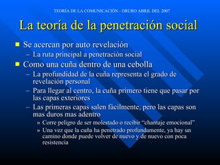La teoría de la penetración social  Se acercan por auto revelación La ruta principal a penetración social Como una cuña dentro de una cebolla La profundidad de la cuña representa el grado de revelación personal Para llegar al centro, la cuña primero tiene que pasar por las capas exteriores Las primeras capas salen fácilmente, pero las capas son mas duros mas adentro Corre peligro de ser molestado o recibir “chantaje emocional” Una vez que la cuña ha penetrado profundamente, ya hay un camino donde puede volver de nuevo y de nuevo con poca resistencia 