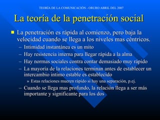 La teoría de la penetración social   La penetración es rápida al comienzo, pero baja la velocidad cuando se llega a los niveles mas céntricos. Intimidad instantánea es un mito Hay resistencia interna para llegar rápida a la alma Hay normas sociales contra contar demasiado muy rápido La mayoría de la relaciones terminan antes de establecer un intercambio intimo estable es establecido Estas relaciones mueren rápido si hay una separación, p.ej. Cuando se llega mas profundo, la relación llega a ser más importante y significante para los dos 
