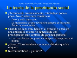 La teoría de la penetración social   ¿Terminando armónicamente, retirándose poco a poco? No en relaciones románticas  Dolor y rabia causa caos La profundidad de auto revelación aumenta en las etapas finales de una relación Cuando se llega muy lejos en el proceso y cerca en una amistad la misma no depende de una preocupación auto céntrico de ganancia personal Las cosas buenas que pasan a tu amigo es recompensa en si mismas ¿Genero? Los hombres son menos abiertos que las mujeres. Interculturalidad – ¿latinos? 