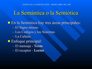 La Semántica o la Semiótica En la Semiótica hay tres áreas principales: El Signo mismo Los Códigos y los Sistemas La Cultura Enfoque principal: El mensaje -  Texto El receptor -  Lector 