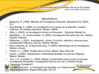 BIBLIOGRAFIA 
• Bisquerra, R. (1989). Métodos de Investigación Educativa. Barcelona: Ed. CEAC. 
S.A. 
• Díaz Barriga, A. (1998). La investigación en el campo de la didactica, modelos 
históricos. En perfiles educativos. México: UNAM. 
• Elliot, J. (2000). La Investigación Acción en Educación. . Ediciones Morata S.L. 
• MacMillan, J. H., & Schumacher, S. (2005). Investigación Educativa (5a. ed.). Madrid, 
España: Pearson. 
• McKernan, J. (2001). Investigación - Acció y Currículo: métodos y recursos para 
profesionales reflexivos. (2a ed.). Madrid: Morata. 
• Mora Ledesma, M., & Sepúlveda Ortíz, P. (2005). Metodología de la Investigación. 
México: Limusa. 
• Posner, J. J. (1998). Análisis del Currículo. México: Mac Graw Hill. 
• Torres, J. (2006). Globalización e Interdisciplinariedad: el currículo integrado. . 
México: Morata. 
• Yuni, J. A., & Urbano, C. (2005). Mapas y herramientas para conocer la escuela. 
Investigación Etnográfica. Investigación Acci+on (3a. ed.). Córdoba: Brujas. 
• Piergiorgio Corbetta!!!!! 
• CAJIAO, Francisco. La Formación de docentes y su impacto social. Cooperativa 
Editorial Magisterio, Bogotá 2004 pags 125,157 
