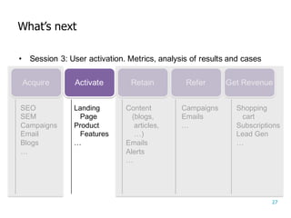 27
What’s  next
• Session  3:  User  activation.  Metrics,  analysis  of  results  and  cases
Acquire Activate Retain Refer Get Revenue
SEO
SEM
Campaigns
Email
Blogs
…
Landing  
Page
Product  
Features
…
Content  
(blogs,  
articles,  
…)
Emails
Alerts
…
Campaigns
Emails
…
Shopping  
cart
Subscriptions
Lead  Gen
…
 