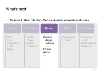 39
What’s  next
• Session  4:  User  retention.  Metrics,  analysis  of  results  and  cases
Acquire Activate Retain Refer Get Revenue
SEO
SEM
Campaigns
Email
Blogs
…
Landing  
Page
Product  
Features
…
Content  
(blogs,  
articles,  
…)
Emails
Alerts
…
Campaigns
Emails
…
Shopping  
cart
Subscriptions
Lead  Gen
…
 