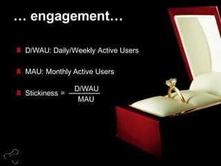 57
D/WAU:  Daily/Weekly  Active  Users
MAU:  Monthly  Active  Users
Stickiness  =
…  engagement…
D/WAU
MAU
 
