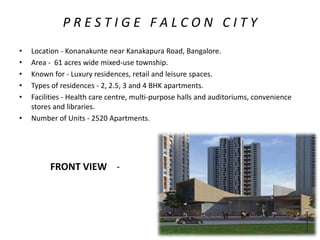 P R E S T I G E F A L C O N C I T Y
• Location - Konanakunte near Kanakapura Road, Bangalore.
• Area - 61 acres wide mixed-use township.
• Known for - Luxury residences, retail and leisure spaces.
• Types of residences - 2, 2.5, 3 and 4 BHK apartments.
• Facilities - Health care centre, multi-purpose halls and auditoriums, convenience
stores and libraries.
• Number of Units - 2520 Apartments.
FRONT VIEW -
 