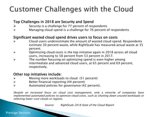 Prestige Services
Top Challenges in 2018 are Security and Spend
 Security is a challenge for 77 percent of respondents
 Managing cloud spend is a challenge for 76 percent of respondents
Significant wasted cloud spend drives users to focus on costs
 Cloud users underestimate the amount of wasted cloud spend. Respondents
estimate 30 percent waste, while RightScale has measured actual waste at 35
percent.
 Optimizing cloud costs is the top initiative again in 2018 across all cloud
users, increasing to 58 percent from 53 percent in 2017.
 The number focusing on optimizing spend is even higher among
intermediate and advanced cloud users, at 65 percent and 69 percent,
respectively.
Other top initiatives include:
 Moving more workloads to cloud (51 percent)
 Better financial reporting (44 percent)
 Automated policies for governance (42 percent).
Despite an increased focus on cloud cost management, only a minority of companies have
implemented automated policies to optimize cloud costs, such as shutting down unused workloads or
selecting lower-cost clouds or regions.
Source: RightScale 2018 State of the Cloud Report
 
