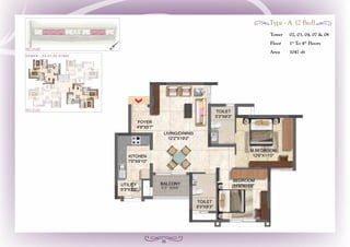 16
Tower	 02, 03, 04, 07 & 08
Floor	1st
To 4th
Floors
Area	 1047 sft
Type - A (2 Bed)
 