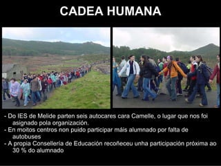 CADEA HUMANA




- Do IES de Melide partiron seis autocares cara Camelle, o lugar que nos foi
   asignado pola organización.
- En moitos centros non puido participar máis alumnado por falta de
   autobuses
- A propia Consellería de Educación recoñeceu unha participación cercana ao
   30 % do alumnado
 
