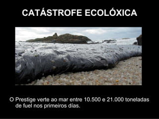 CATÁSTROFE ECOLÓXICA




O Prestige verteu ao mar entre 10.500 e 21.000 toneladas
  de fuel nos primeiros días.
 