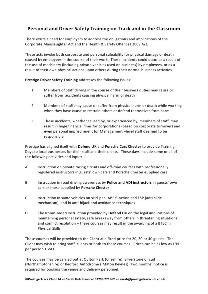 Prestige Safety Training Proposal 2010