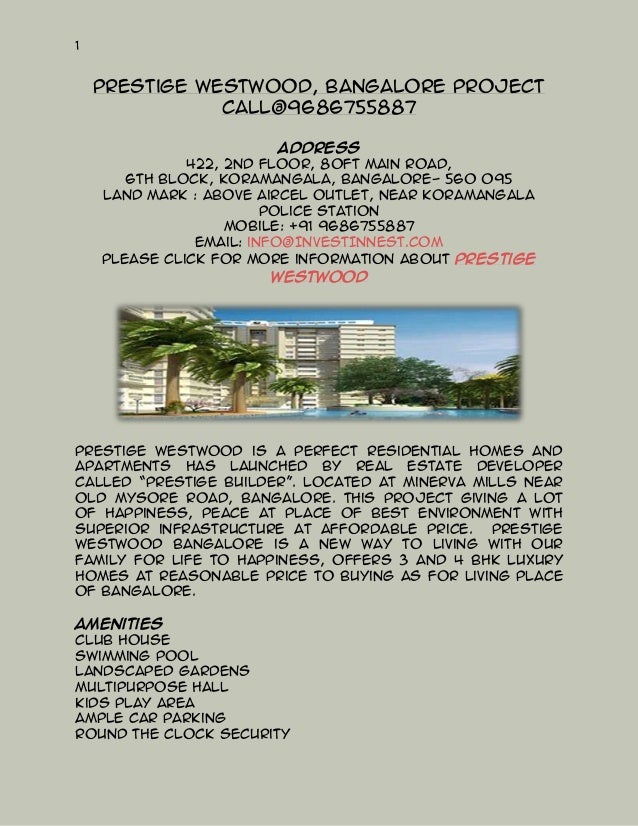 Prestige Westwood Bangalore Luxury Homes In Bangalore