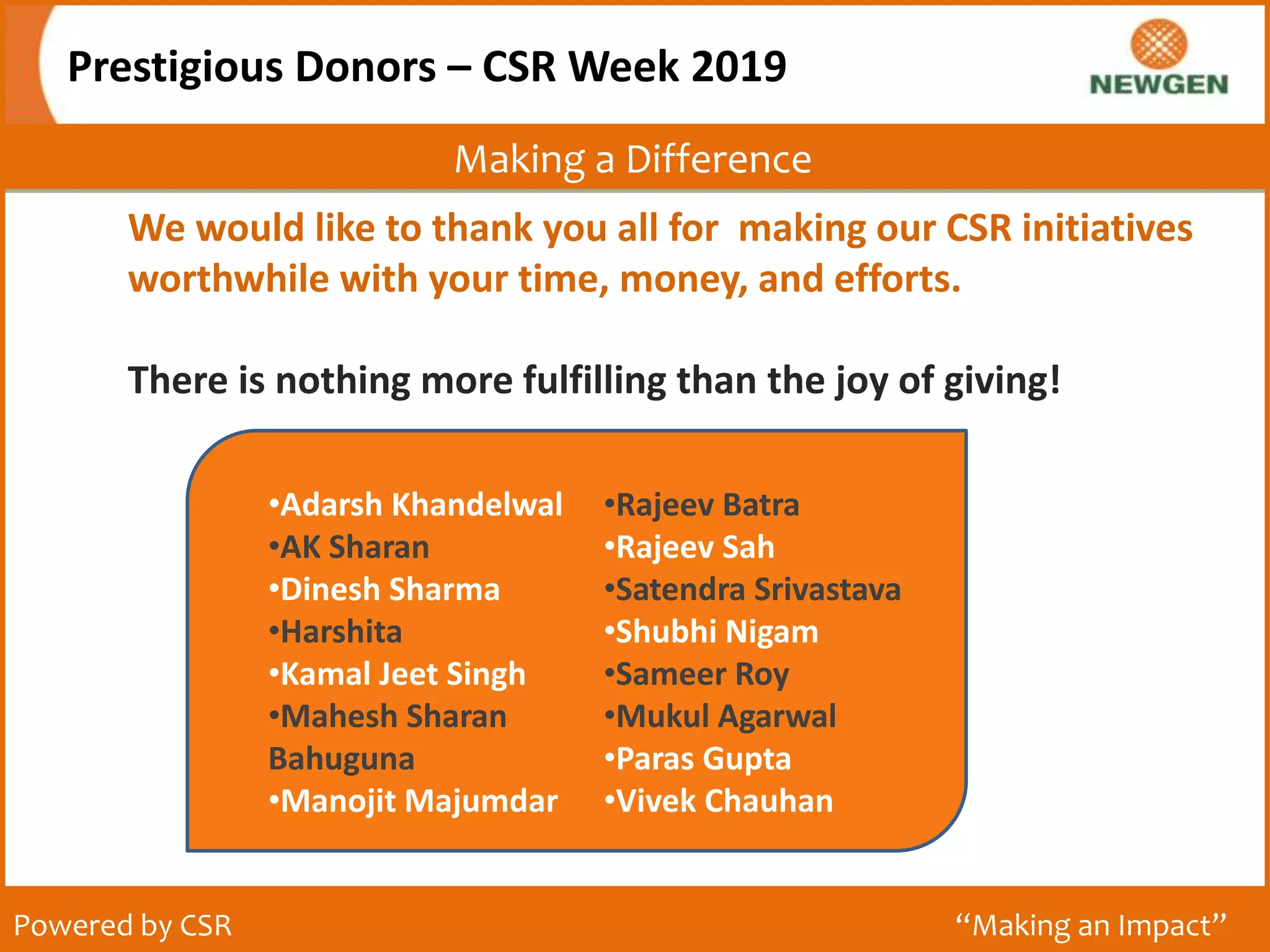 Making a Difference
Prestigious Donors – CSR Week 2019
Powered by CSR “Making an Impact”
We would like to thank you all for making our CSR initiatives
worthwhile with your time, money, and efforts.
There is nothing more fulfilling than the joy of giving!
•Adarsh Khandelwal
•AK Sharan
•Dinesh Sharma
•Harshita
•Kamal Jeet Singh
•Mahesh Sharan
Bahuguna
•Manojit Majumdar
•Rajeev Batra
•Rajeev Sah
•Satendra Srivastava
•Shubhi Nigam
•Sameer Roy
•Mukul Agarwal
•Paras Gupta
•Vivek Chauhan