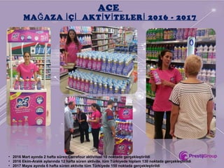 ACE
MA AZA Ç AKT V TELER 2016 - 2017Ğ İ İ İ İ İ
• 2016 Mart ayında 2 hafta süren Carrefour aktivitesi 10 noktada gerçekleştirildi
• 2016 Ekim-Aralık aylarında 12 hafta süren aktivite, tüm Türkiyede toplam 130 noktada gerçekleştirildi
• 2017 Mayıs ayında 6 hafta süren aktivite tüm Türkiyede 150 noktada gerçekleştirildi
 