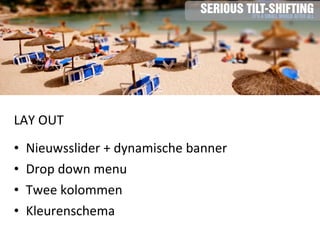 LAY OUT Nieuwsslider + dynamische banner Drop down menu Twee kolommen Kleurenschema 