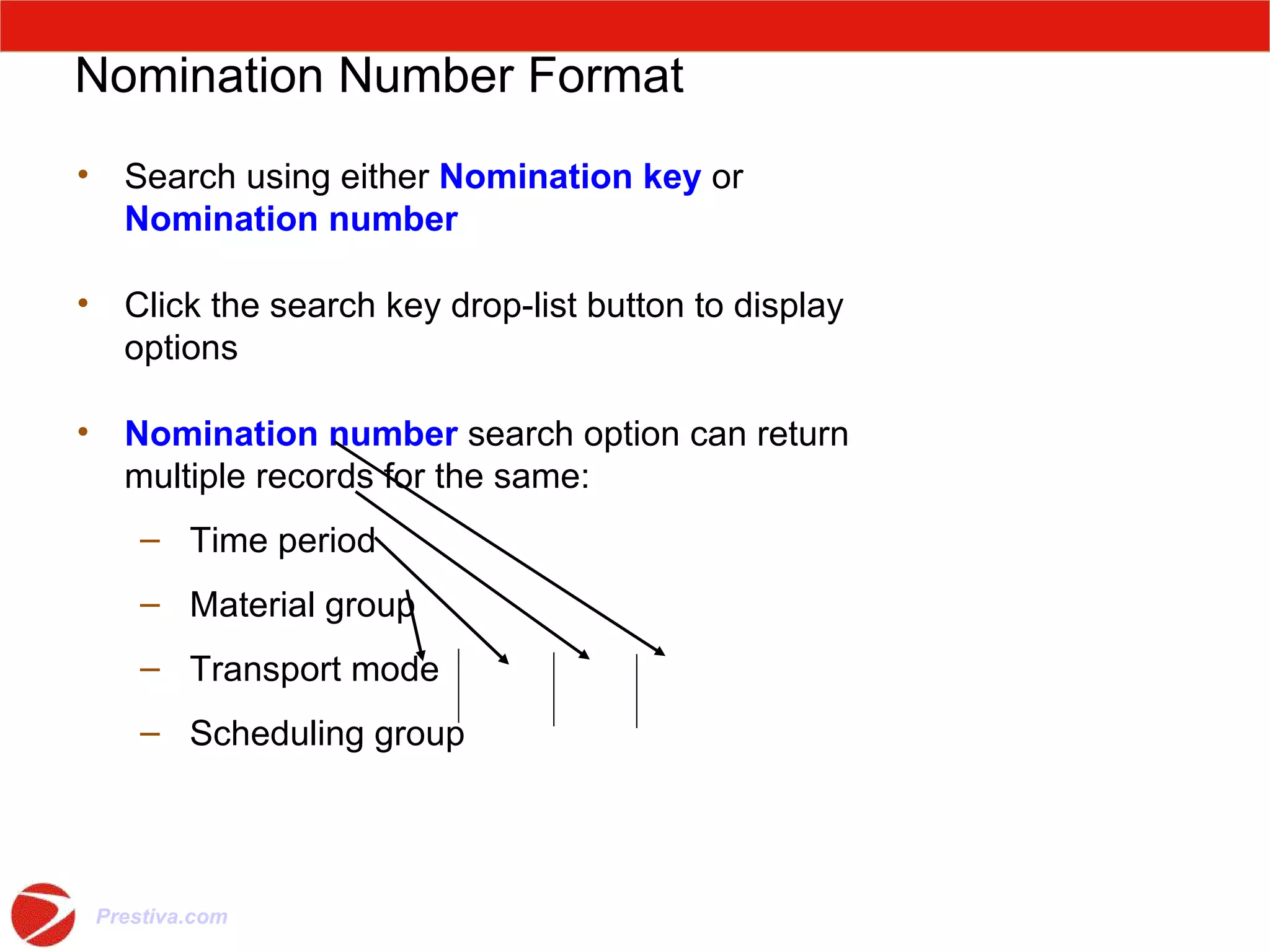 Nomination Number Format Search using either  Nomination key  or  Nomination number Click the search key drop-list button to display options  Nomination number  search option can return multiple records for the same: Time period  Material group  Transport mode  Scheduling group  