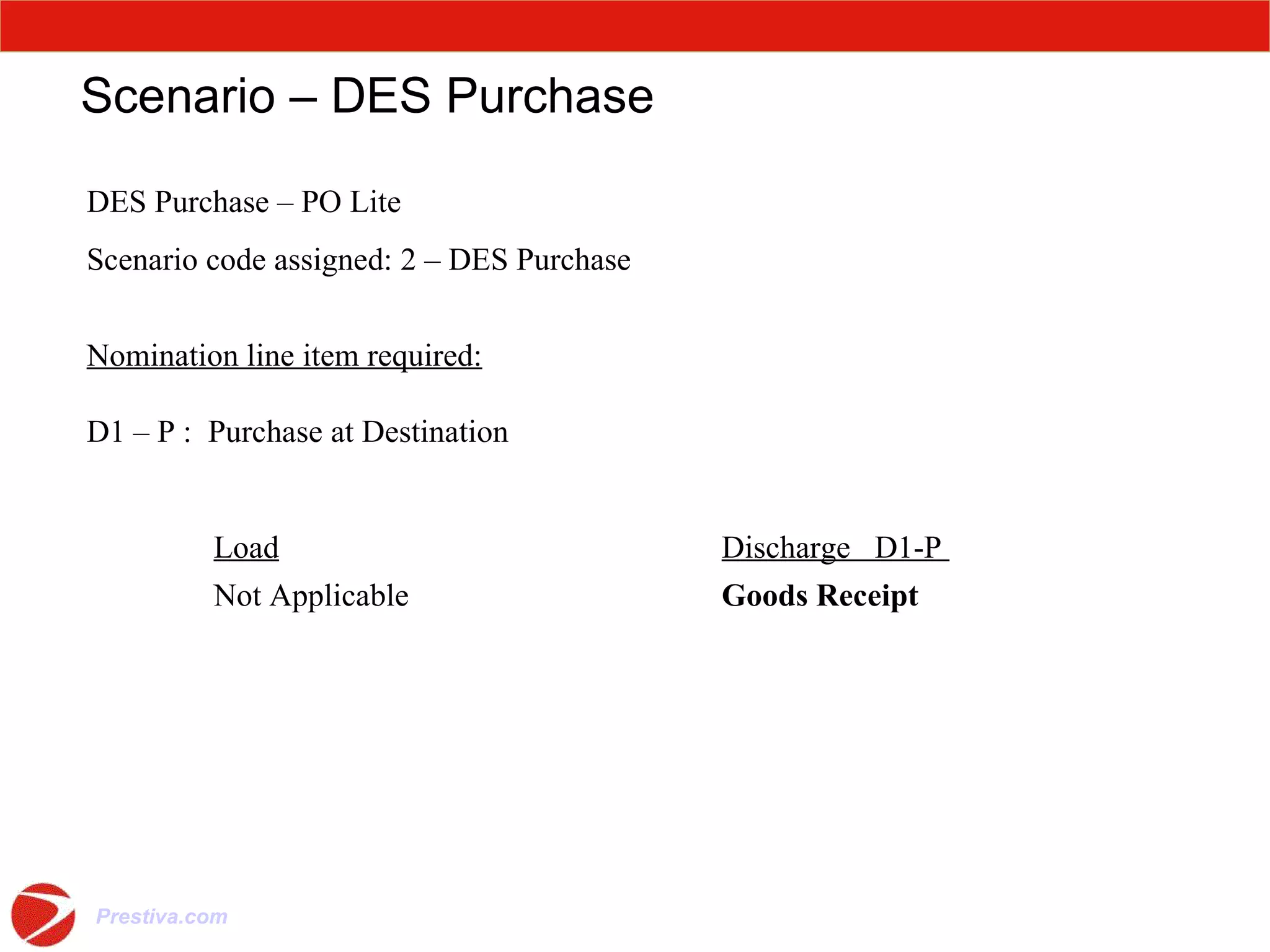 Scenario – DES Purchase DES Purchase – PO Lite Scenario code assigned: 2 – DES Purchase Nomination line item required: D1 – P :  Purchase at Destination Load Discharge  D1-P  Not Applicable Goods Receipt 