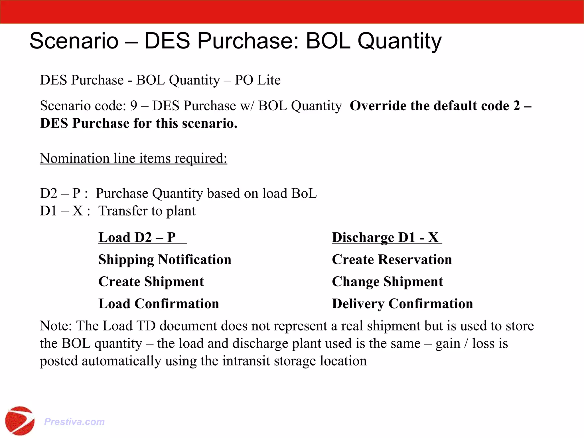 Scenario – DES Purchase: BOL Quantity DES Purchase - BOL Quantity – PO Lite Scenario code: 9 – DES Purchase w/ BOL Quantity  Override the default code 2 – DES Purchase for this scenario. Nomination line items required: D2 – P :  Purchase Quantity based on load BoL D1 – X :  Transfer to plant Load D2 – P  Discharge D1 - X  Shipping Notification Create Reservation Create Shipment Change Shipment Load Confirmation  Delivery Confirmation Note: The Load TD document does not represent a real shipment but is used to store the BOL quantity – the load and discharge plant used is the same – gain / loss is posted automatically using the intransit storage location 