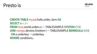 Presto is
CREATE TABLE mysql.hello.order_item AS

SELECT o.*, i.*

FROM hive.world.orders o —― TABLESAMPLE SYSTEM (10)

JOIN mongo.deview.lineitem i —― TABLESAMPLE BERNOULLI (40)

ON o.orderkey = i.orderkey

WHERE conditions..
 