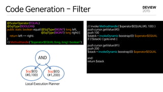 Code Generation - Filter
// invoke MethodHandle( $operator$EQUAL(#0, 100) )

push cursor.getValue(#0)

push 100

$statck = invokeDynamic boostrap(0) $operator$EQUAL      

if (!$stack) { goto end; }

push cursor.getValue(#1)

push 200

$stack = invokeDynamic boostrap(0) $operator$EQUAL      

end:      

return $stack 

@ScalarOperator(EQUAL)

@SqlType(BOOLEAN)

public static boolean equal(@SqlType(BIGINT) long left,

@SqlType(BIGINT) long right){

    return left == right;

}

=> MethodHandle(“$operator$EQUAL(long, long): boolean”)
AND
$op$EQ

(#0,100)
$op$EQ

(#1,200)
Local Execution Planner
 