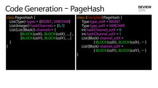 Code Generation - PageHash
class PagesHash { 

   List<Type> types = [BIGINT, VARCHAR] 

   List<Integer> hashChannels = [0,1] 

   List<List<Block>> channels = [ 

[BLOCK(colX), BLOCK(colX), ...] , 

              [BLOCK(colY), BLOCK(colY), ...] 

]  

} 

class (Compiled)PageHash { 

     Type type_colX = BIGINT 

     Type type_colY = VARCHAR 

     int hashChannel_colX = 0 

     int hashChannel_colY = 1 

     List<Block> channel_colX = 

[ BLOCK(colX), BLOCK(colX), … ] 

     List<Block> channel_colY = 

[ BLOCK(colY), BLOCK(colY), … ] 

} 

 