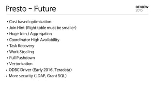 Presto - Future
•Cost based optimization

•Join Hint (Right table must be smaller)

•Huge Join / Aggregation

•Coordinator High Availability

•Task Recovery

•Work Stealing

•Full Pushdown

•Vectorization

• ODBC Driver (Early 2016, Teradata)

• More security (LDAP, Grant SQL)
 