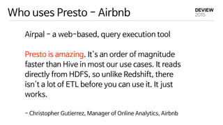 Who uses Presto - Airbnb
Airpal - a web-based, query execution tool

Presto is amazing. It's an order of magnitude
faster than Hive in most our use cases. It reads
directly from HDFS, so unlike Redshift, there
isn't a lot of ETL before you can use it. It just
works.

- Christopher Gutierrez, Manager of Online Analytics, Airbnb
 