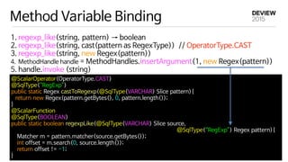 Method Variable Binding
1. regexp_like(string, pattern) → boolean

2. regexp_like(string, cast(pattern as RegexType))  // ...