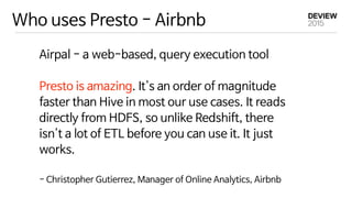 Who uses Presto - Airbnb
Airpal - a web-based, query execution tool

Presto is amazing. It's an order of magnitude
faster ...
