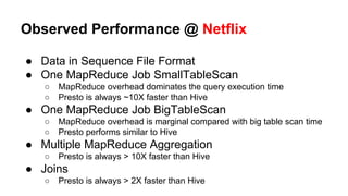 Observed Performance @ Netflix
● Data in Sequence File Format
● One MapReduce Job SmallTableScan
○ MapReduce overhead domi...