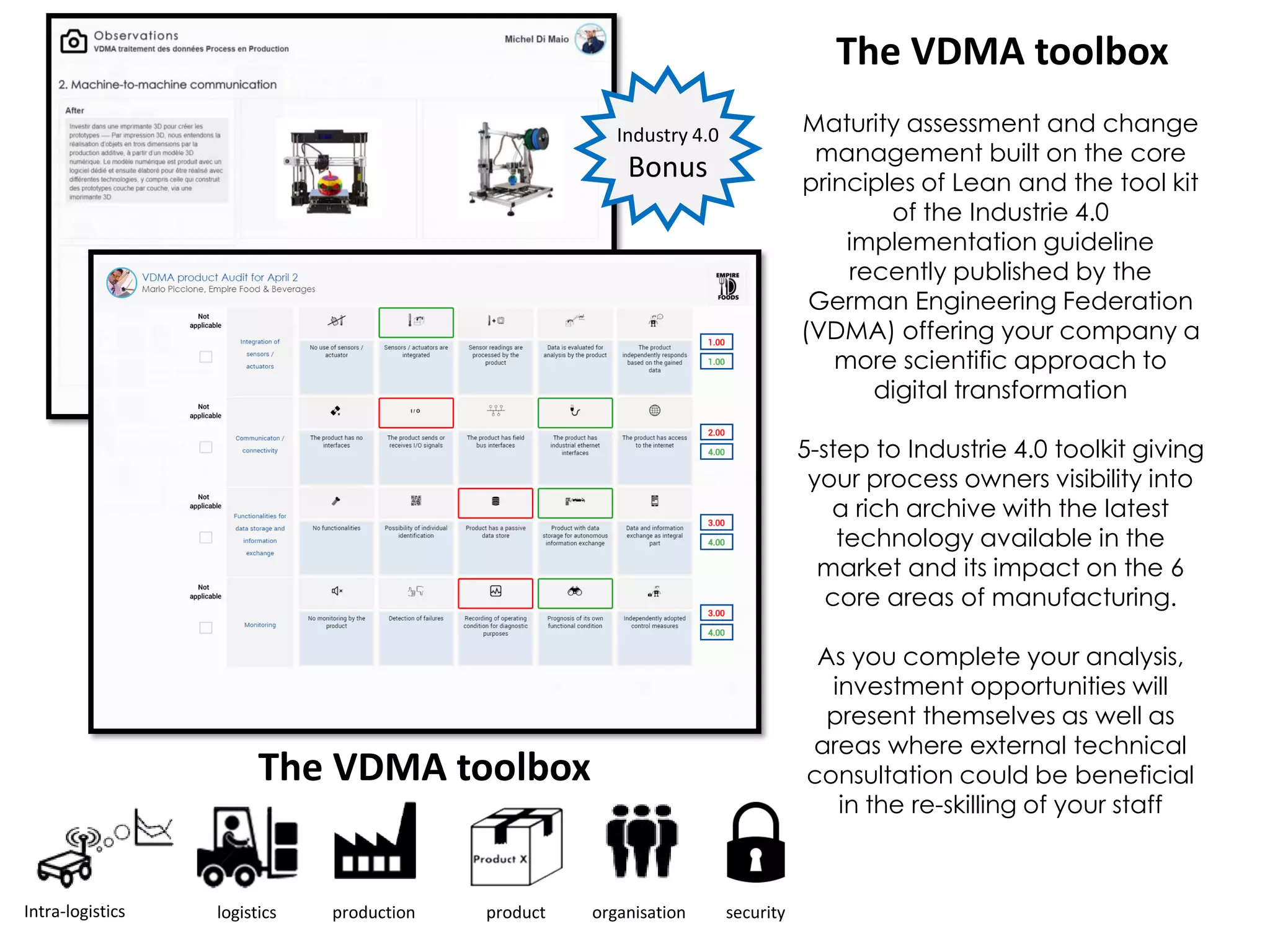 The VDMA toolbox
Maturity assessment and change
management built on the core
principles of Lean and the tool kit
of the Industrie 4.0
implementation guideline
recently published by the
German Engineering Federation
(VDMA) offering your company a
more scientific approach to
digital transformation
5-step to Industrie 4.0 toolkit giving
your process owners visibility into
a rich archive with the latest
technology available in the
market and its impact on the 6
core areas of manufacturing.
As you complete your analysis,
investment opportunities will
present themselves as well as
areas where external technical
consultation could be beneficial
in the re-skilling of your staff
The VDMA toolbox
Intra-logistics logistics production product organisation security
Industry 4.0
Bonus
 