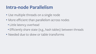 Intra-node Parallelism
• Use multiple threads on a single node
• More efficient than parallelism across nodes
• Little latency overhead
• Efficiently share state (e.g., hash tables) between threads
• Needed due to skew or table transforms
 
