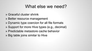 » Graceful cluster shrink
» Better resource management
» Dynamic type coercion for all file formats
» Support for more Hive types (e.g., decimal)
» Predictable metastore cache behavior
» Big table joins similar to Hive
What else we need?
 