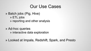 » Batch jobs (Pig, Hive)
» ETL jobs
» reporting and other analysis
» Ad-hoc queries
» interactive data exploration
» Looked at Impala, Redshift, Spark, and Presto
Our Use Cases
 