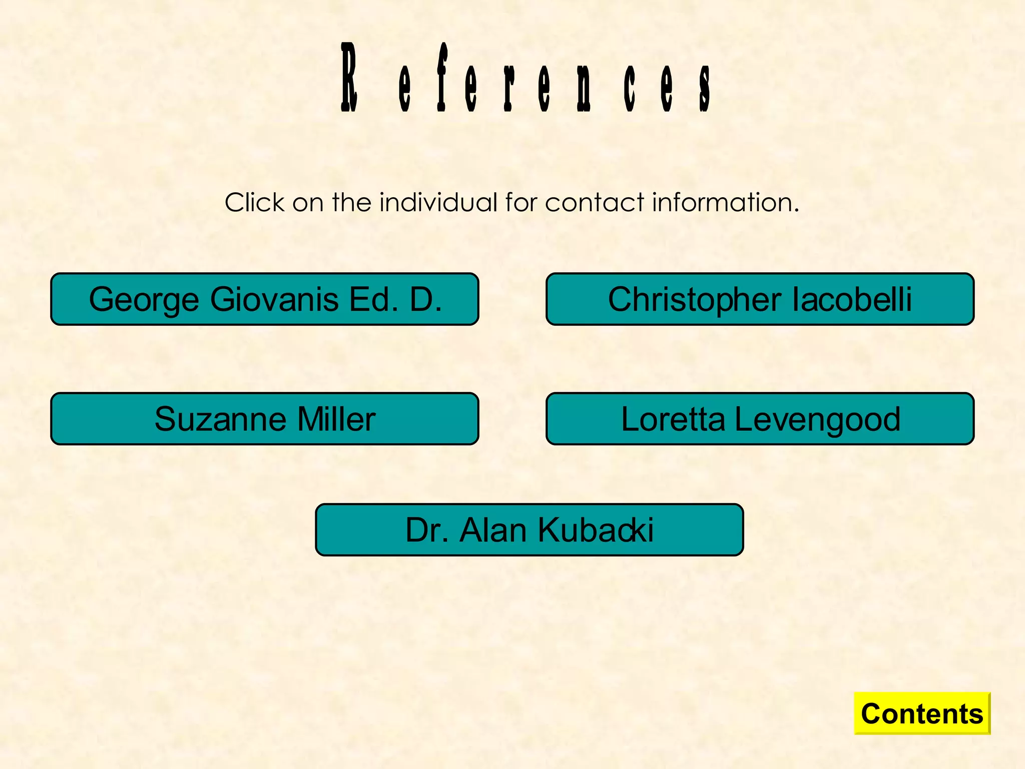 References Click on the individual for contact information. George Giovanis Ed. D. Suzanne Miller Dr. Alan Kubacki Loretta Levengood Contents Christopher Iacobelli 