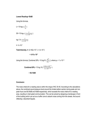 Lowest Reading= 50dB
Using the formula,
L= 10 log10 (
𝐼
𝐼 𝑜
)
50= 10 log10 (
𝐼
1 𝑥 10−12
)
log-1 5=
𝐼
1 𝑥 10−12
I= 1x 10-7
Total Intensity, I= (3.162x 10-7 ) + (1x 10-7)
= 4.16 x 10-7
Using the formula, Combined SPL= 10 log10 (
𝑝2
𝑝 𝑜
2
), where po = 1 x 10-12
Combined SPL= 10 log 10 (
4.16 𝑥 10−7
1 𝑥 10−12
)
= 56.19dB
Conclusion
The noise criteria for a reading area is within the range of NC 35-40. According to the calculations
above, the combined sound pressure level around the limited edition section during peak and non
peak hours are 80.04dB and 45dB respectively, which exceeds the noise criteria for a reading
area, resulting in interrupted communication. This can be solved by designing a landscape in front
of the building which can act as a buffer zone to absorb noise coming from the streets. And sound
reflecting / absorbent façade.
 