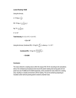 Lowest Reading= 50dB
Using the formula,
L= 10 log10 (
𝐼
10
)
50= 10 log10 (
𝐼
1 𝑥 10−12
)
log-1 5=
1
1 𝑥 10−12
I= 1x 10-7
Total Intensity, I= (1.2 x 10-7 ) + (1x 10-7)
= 2.2 x 10-7
Using the formula, Combined SPL= 10 log10 (
𝑝2
𝑝 𝑜
2
), where po = 1 x 10-12
Combined SPL= 10 log 10 (
2.2 𝑥 10−7
1 𝑥 10−12
)
= 53.42dB
Conclusion
The noise criteria for a reading area is within the range of NC 35-40. According to the calculations
above, the combined sound pressure level around the plants reading area during peak and non
peak hours are 75.08dB and 53.42dB respectively, which exceeds the noise criteria for a reading
area, resulting in a chaotic environment unfit for reading. This can be solved by proposing an
insulated curtain wall and growing plants to absorb unwanted noise.
 