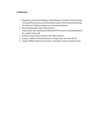 3.0 References
1. Department of Standards Malaysia. (2007) Malaysian Standard: Code of Practice
on Energy Efficiency and use of Renewable Energy for Non-Residential Buildings
(First Revision). Malaysia: Department of Standards Malaysia
2. Recommended Light Levels. Retrieved from
https://www.noao.edu/education/QLTkit/ACTIVITY_Documents/Safety/LightLev
els_outdoor+indoor.pdf
3. Architect’s Data. (2012). Chicester: John Wiley and Sons.
4. Cowab, J, (2000) Architectural Acoustics, Design Guide, Mc Graw-Hill, N.Y
5. Long,M. (2006), Architectural Acoustics. Amsterdam: Elsevier/ Academic Press
 
