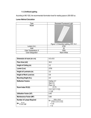 1.1.2 Artificial Lighting
According to MS 1525, the recommended illumination level for reading space is 300-500 lux.
Lumen Method Calculation
Type Recessed Fluorescent Light
Model
Figure 1.3 Columbia Lighting, EPC 14-1
Lumen ( lm ) 2750
Watt 26
Color Temperature, K 3200
Color Designation Warm White
Dimension of room (m x m) 4.0 x 8.5
Floor Area (m2) 34.0
Height of Ceiling (m) 3.2
Lumen (Lux) 2750
Height of Luminaire (m) 3.2
Height of Work Level (m) 0.8
Mounting Height (Hm) 2.4
Reflection Factors Ceiling: 0.7
Wall: 0.5
Floor: 0.2
Room Index/ RI (K) 37.75
2.4 𝑥 (8.5 + 4.0)
= 1.26
Utilisation Factor (UF) 0.40
Maintenance Factor (MF) 0.80
Number of Lamps Required
N=
𝑬 𝒙 𝑨
𝑭 𝒙 𝑼𝑭 𝒙 𝑴𝑭
N=
300 𝑥 34.0
2750 𝑥 (0.4 𝑥 0.8)
= 11.6
= 12
 