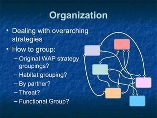 Organization
• Dealing with overarching
strategies
• How to group:
– Original WAP strategy
groupings?
– Habitat grouping?
– By partner?
– Threat?
– Functional Group?
 