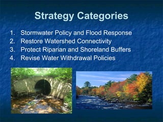 1. Stormwater Policy and Flood Response
2. Restore Watershed Connectivity
3. Protect Riparian and Shoreland Buffers
4. Revise Water Withdrawal Policies
Strategy Categories
 