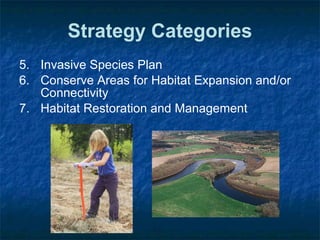 5. Invasive Species Plan
6. Conserve Areas for Habitat Expansion and/or
Connectivity
7. Habitat Restoration and Management
Strategy Categories
 