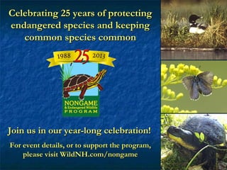 Join us in our year-long celebration!Join us in our year-long celebration!
For event details, or to support the program,For event details, or to support the program,
please visit WildNH.com/nongameplease visit WildNH.com/nongame
Celebrating 25 years of protectingCelebrating 25 years of protecting
endangered species and keepingendangered species and keeping
common species commoncommon species common
 