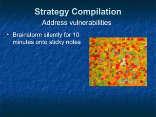 Strategy Compilation
Address vulnerabilities
• Brainstorm silently for 10
minutes onto sticky notes
 